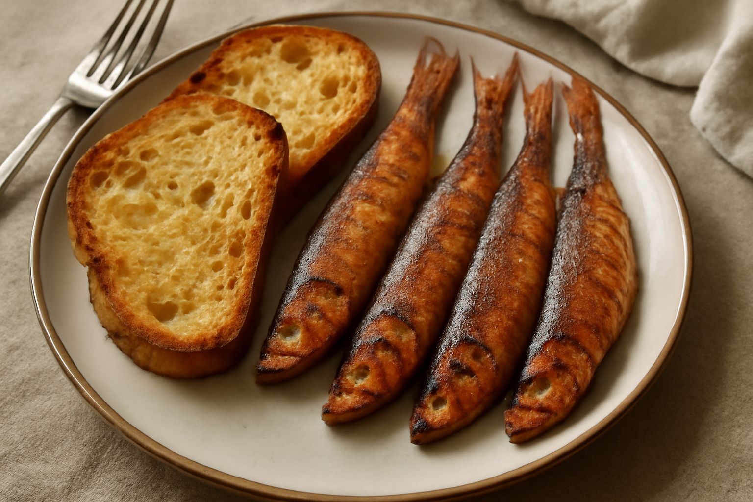 Piatto di ceramica bianca con fette di pane tostato color oro e sardine fritte intere dorate, olezzanti di rosmarino e sale marino, su tavolo rustico di legno scuro