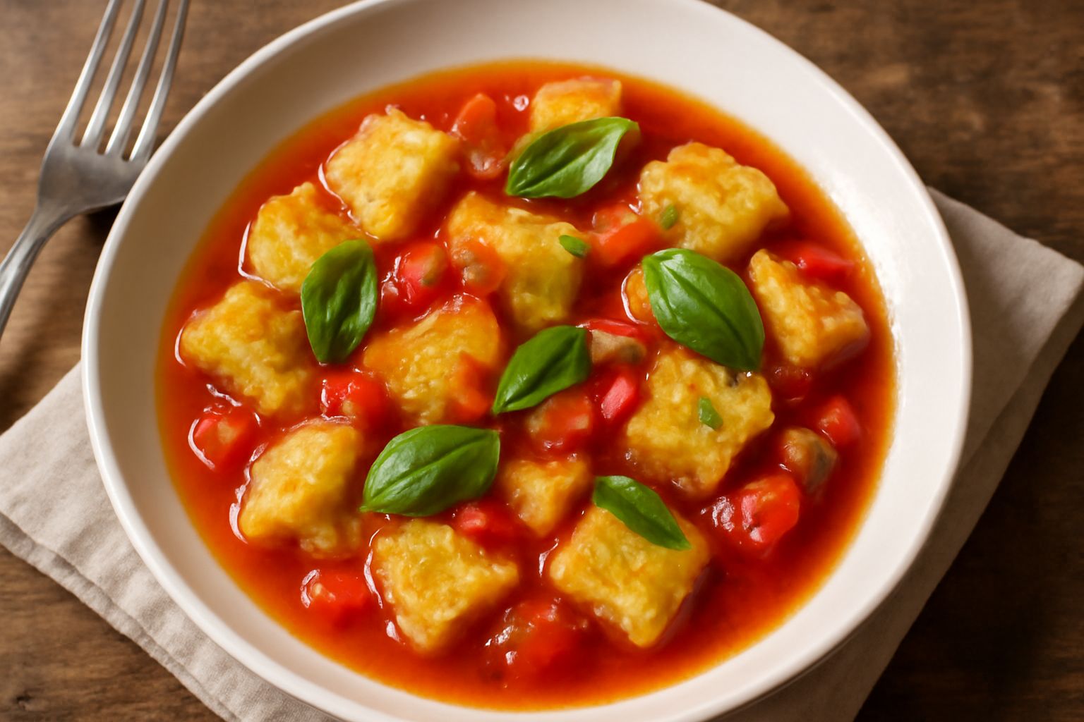 Ciotola di ceramica bianca con pezzi di pane bagnato rosso di pomodoro fresco, fette di pomodoro, basilico verde, filo di olio d'oliva lucido in superficie