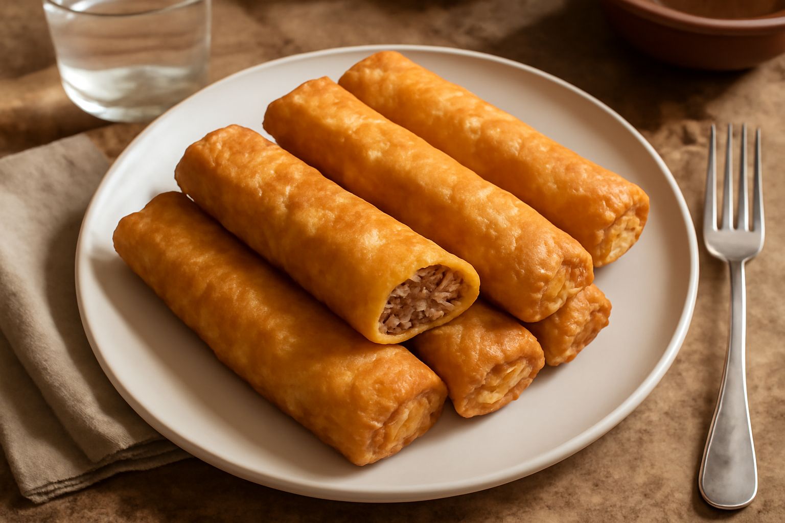 Pani e uas dorati e croccanti adagiati su un piatto bianco, con il ragù di carne visibile dal taglio, contorno di pomodori freschi e prezzemolo verde
