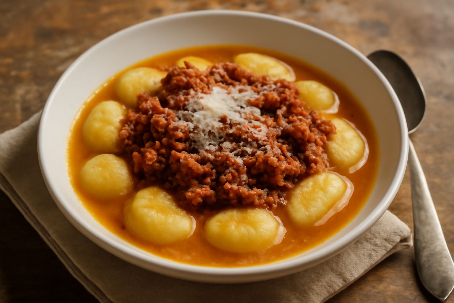 Un piatto fondo bianco con gnocchi di semola cremosi, conditi con ragù rosso scuro, grattugia di formaggio giallo e cucchiaio accanto