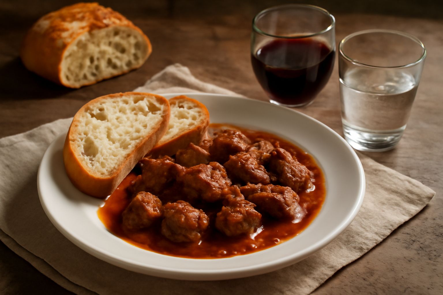 Bicchiere di vino rosso e bicchiere di acqua cristallina affiancati su una tavola rustica con pane e piatto di pasta sullo sfondo