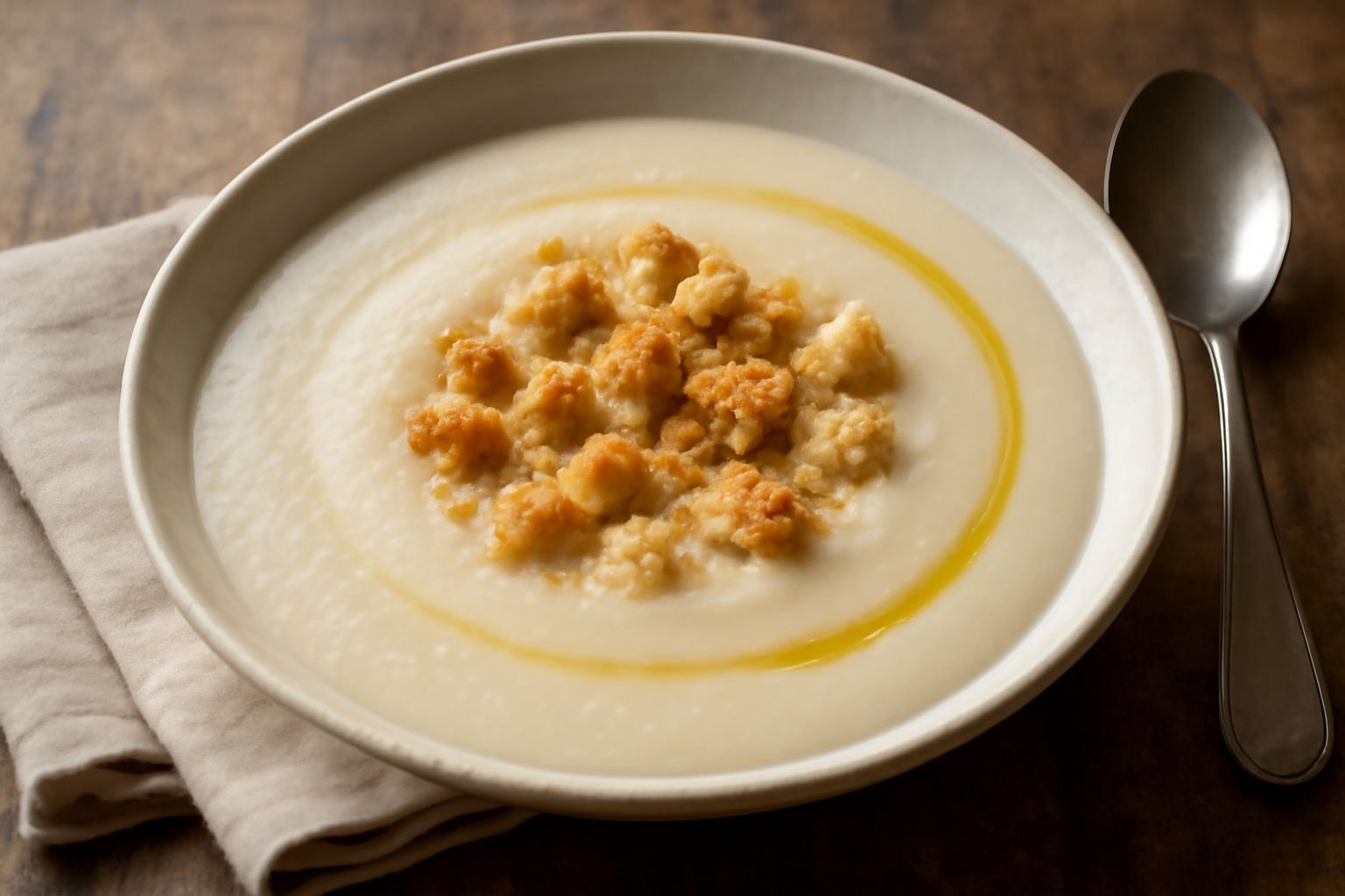 Ciotola di ceramica bianca con zuppa «pani lissa» cremosa color bianco-avorio, superficie liscia e lucida, filo di olio d'oliva verde in superficie, pane tostato sbriciolato ai lati del piatto, tavolo