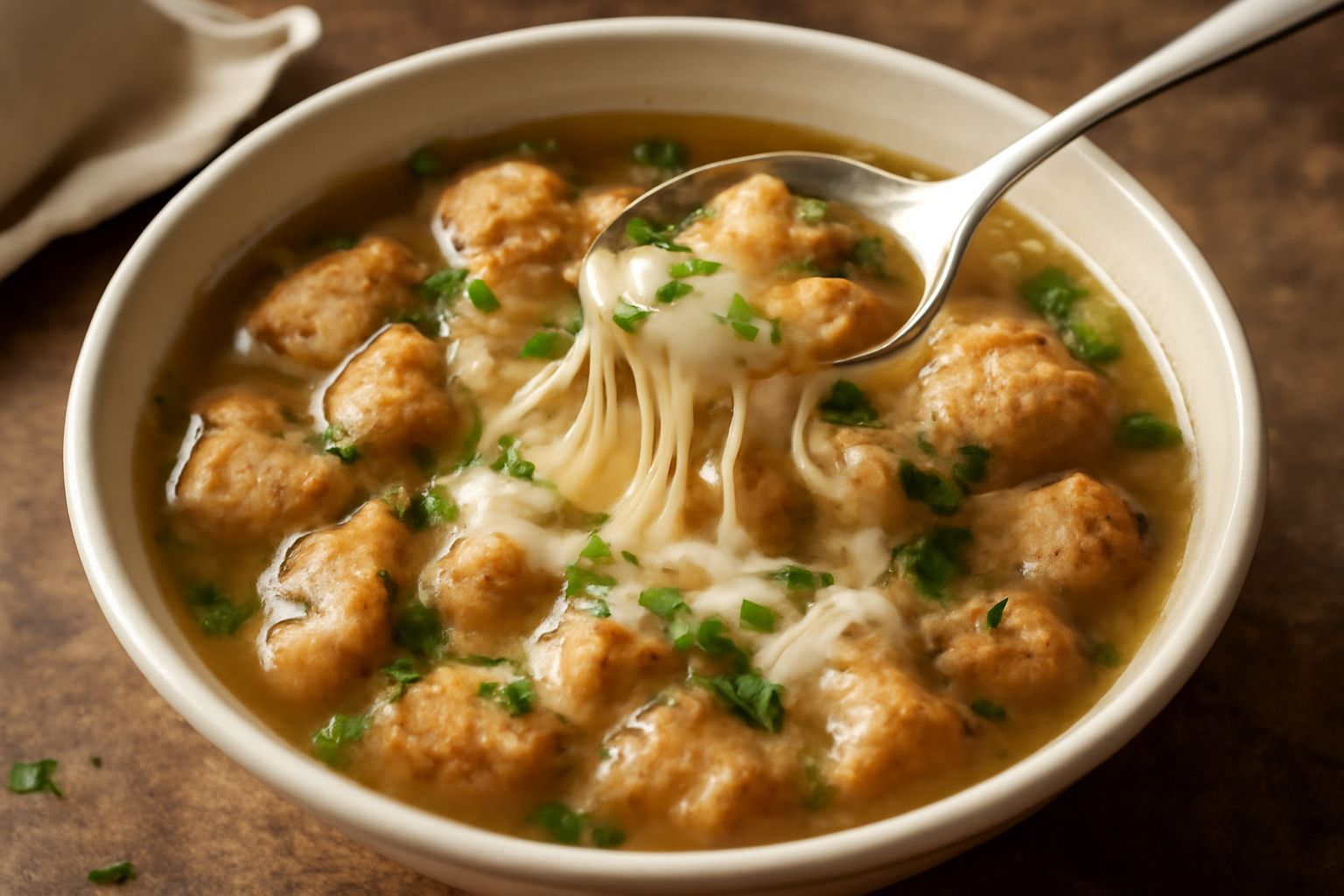 Una ciotola di ceramica bianca contiene brodo caldo trasparente color oro chiaro con pezzi di pane scuro ammollati, filamenti di formaggio filante bianco che si allungano, cosparsi di prezzemolo verde
