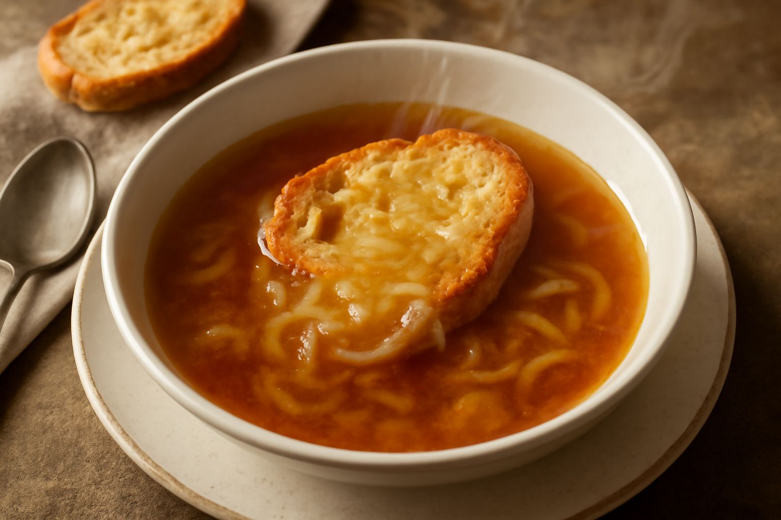 Ciotola bianca di ceramica con brodo dorato trasparente, gocce di olio brillano in superficie, una fettina di cipolla caramellata galleggia, fondo bianco con cucchiaio di porcellana a lato