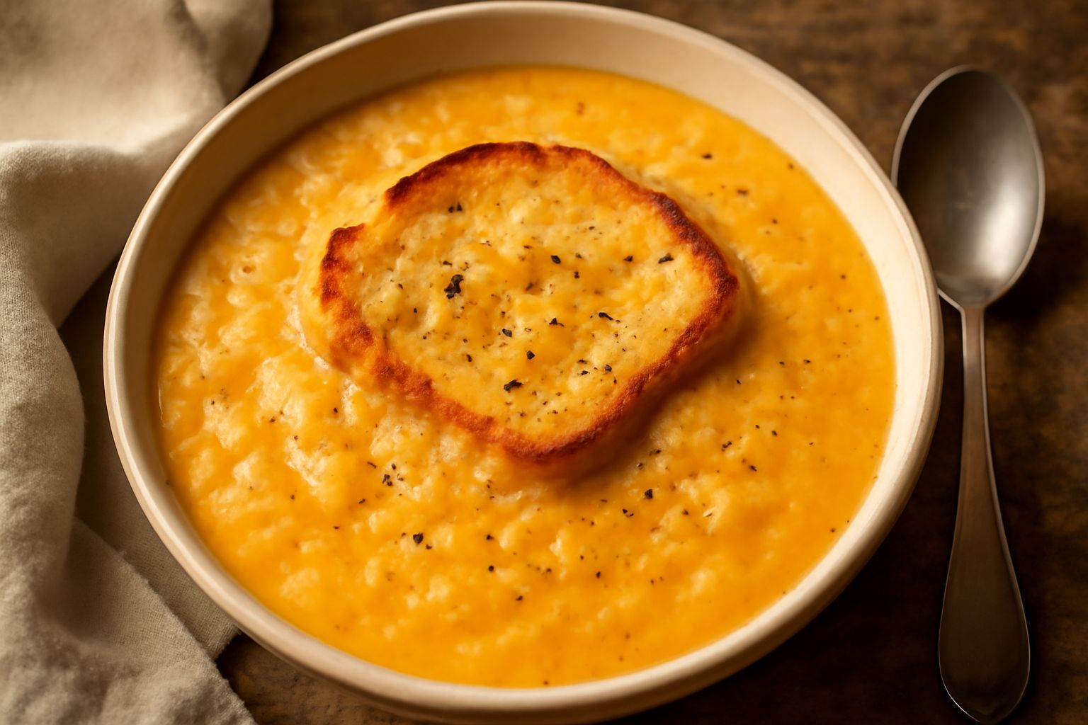 Zuppa cremosa di colore giallo-arancio in una ciotola bianca, con pezzi di pane tostato che galleggiano in superficie, formaggio filante, un filo d'olio d'oliva e pepe nero macinato fresco
