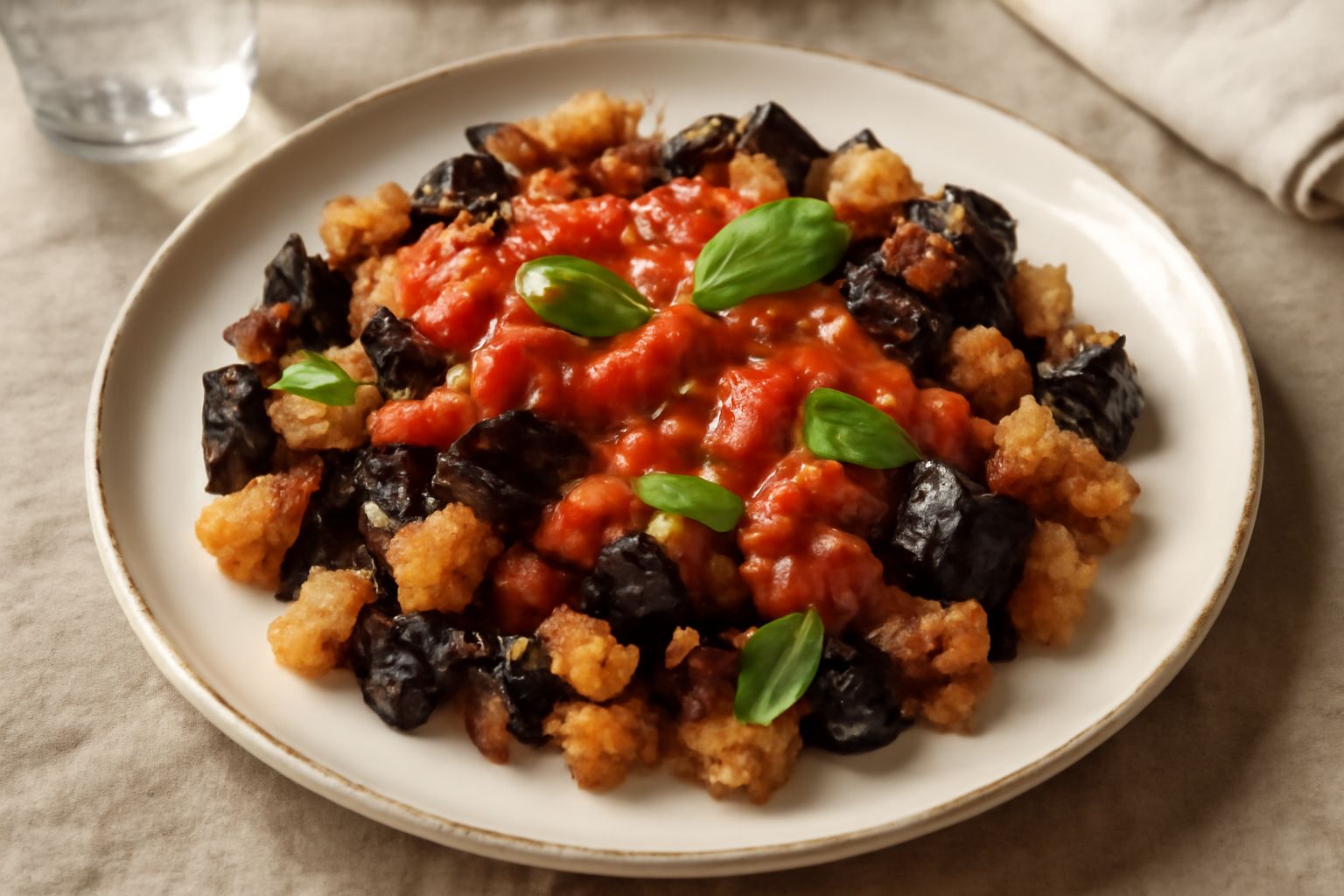 Piatto bianco con pani ri melanzana: melanzane viola scure fritte e croccanti, pane tostato dorato, pomodori rossi freschi, olio verde oliva, basilico verde e aglio, tutto condito insieme nel piatto
