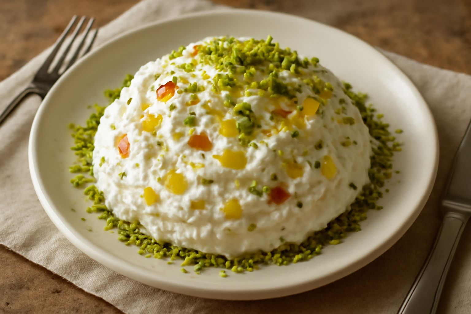 Una coppa di vetro con ricotta montata bianca e cremosa, guarnita con canditi di zucchero colorati, granella di pistacchio verde, scaglie di cioccolato fondente e una ciliegia candita in cima
