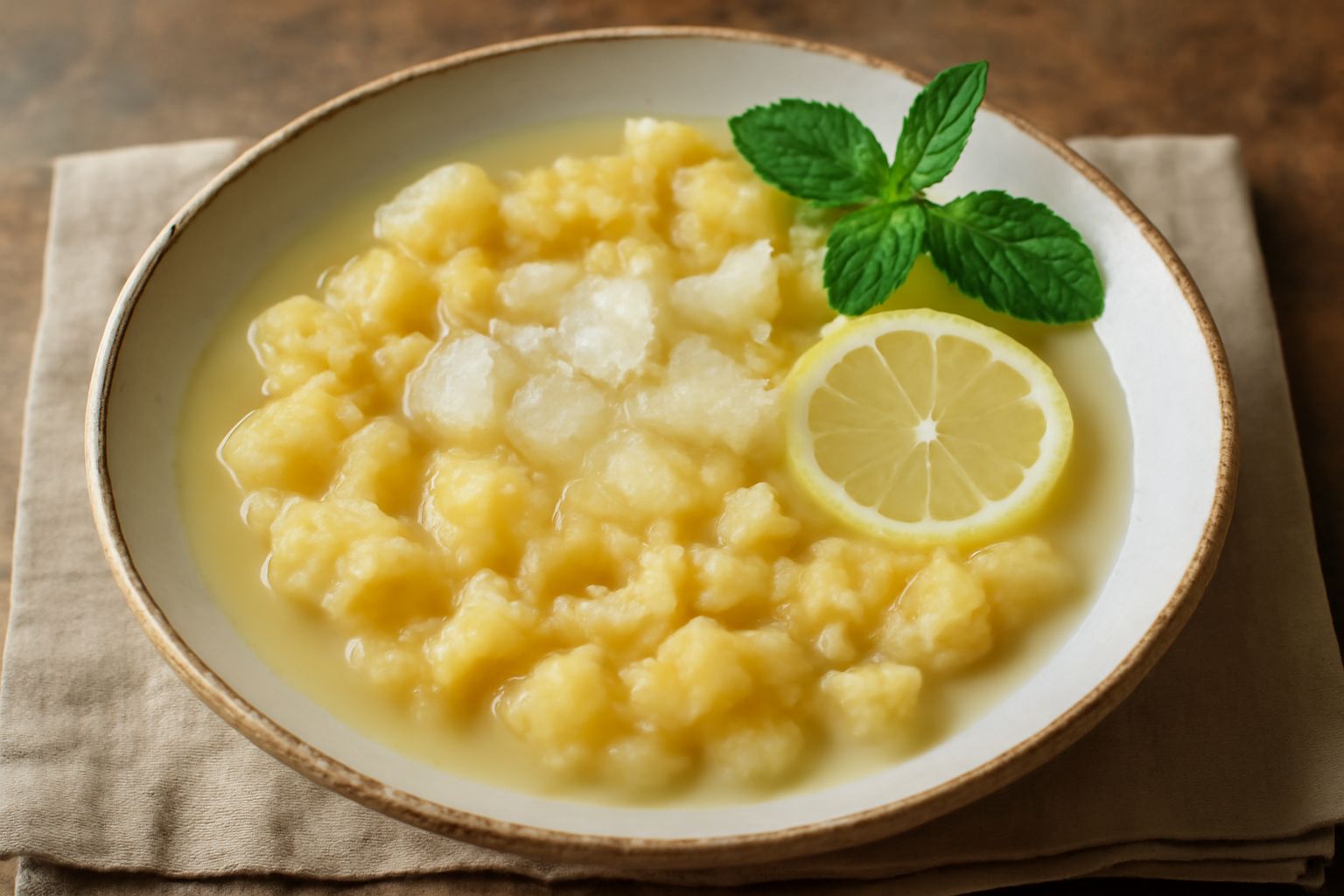 Un bicchiere trasparente riempito di acqua limpida con pezzetti visibili di melone giallo pallido, cubetti di ghiaccio brillante, fettine sottili di limone giallo e una foglia di menta verde sulla sup