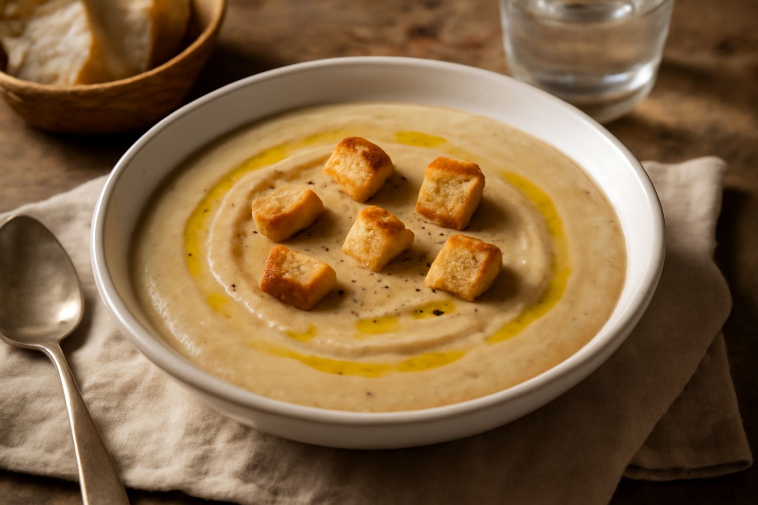 Una ciotola bianca con pani ri semola cremosa di colore beige, guarnita con olio extravergine verde oliva, pezzetti di pane tostato croccanti e prezzemolo fresco, servita su tavolo di legno rustico