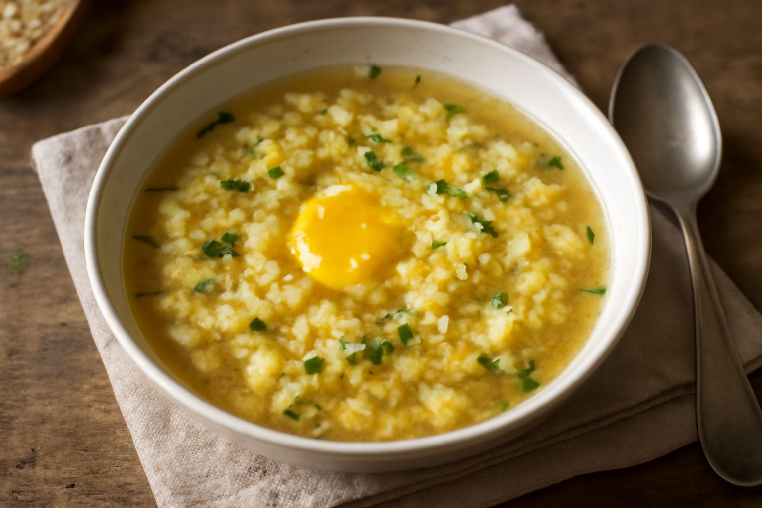 Zuppa con brodo trasparente e fumante, uova cotte cremose al fondo, pane tostato a cubetti sparso in superficie, ciotola di ceramica, tavolo di legno