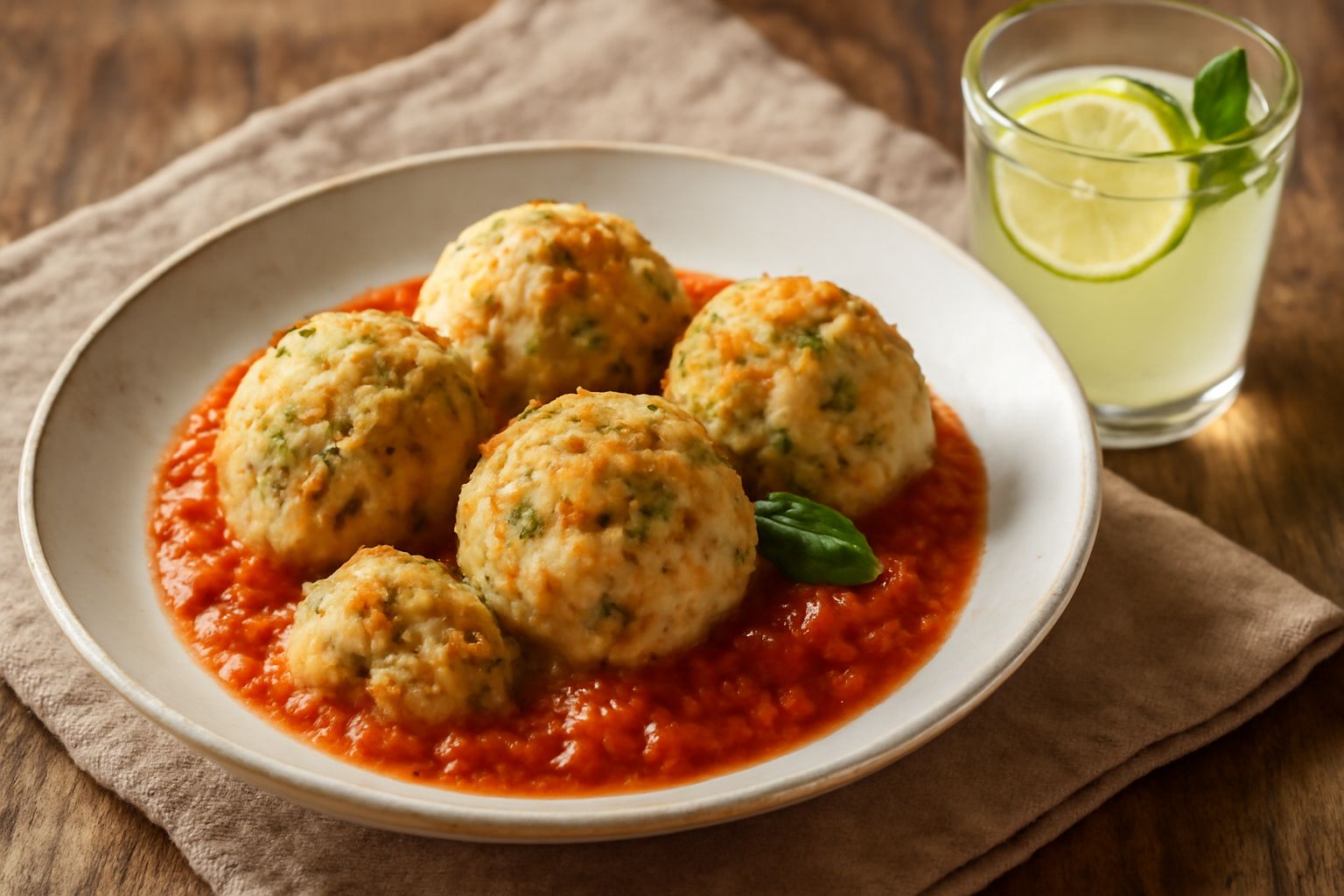 Bicchiere di vetro con bevanda trasparente e giallognola, ghiaccio, fetta di lime fresco e foglia di menta sulla spalla del bicchiere, sfondo bianco e luminoso