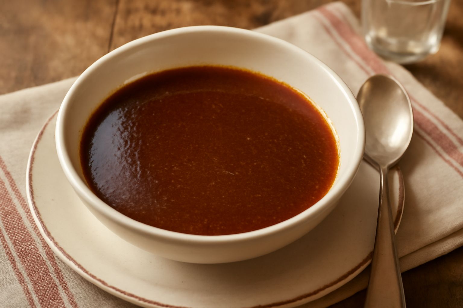 Brodo pani scuro in pentola di acciaio inossidabile, di colore marrone scuro intenso, con vapore caldo che sale, verdure visibili nel fondo, servito in tazza bianca