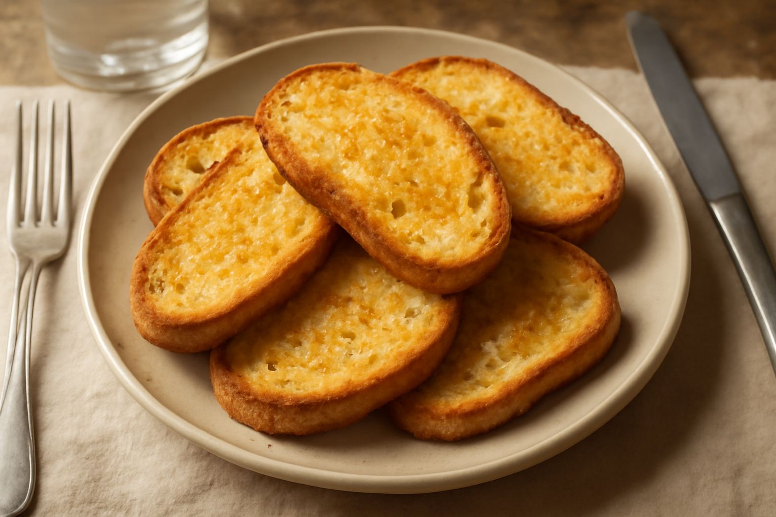 Fette di pane tostato dorato disposte su un piatto bianco, condite con gocce di olio d'oliva e granelli di sale marino, superficie croccante e uniforme
