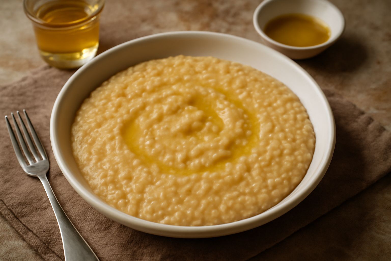 Paniccia cremosa in ciotola di ceramica bianca, con gocce di olio d'oliva in superficie, guarnita con prezzemolo fresco tritato, fumante e uniforme