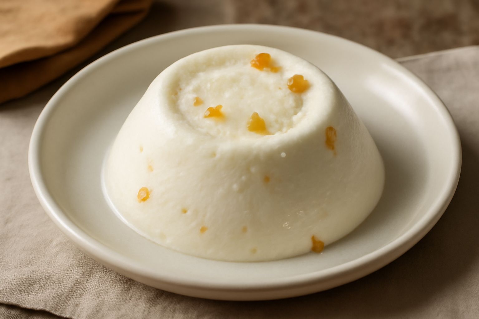 Paniere di ricotta in ciotola bianca, superficie liscia e cremosa color avorio con granella di zucchero sparsa, accompagnato da fette biscottate integrali e scorza d'arancia candita ai bordi del piatt
