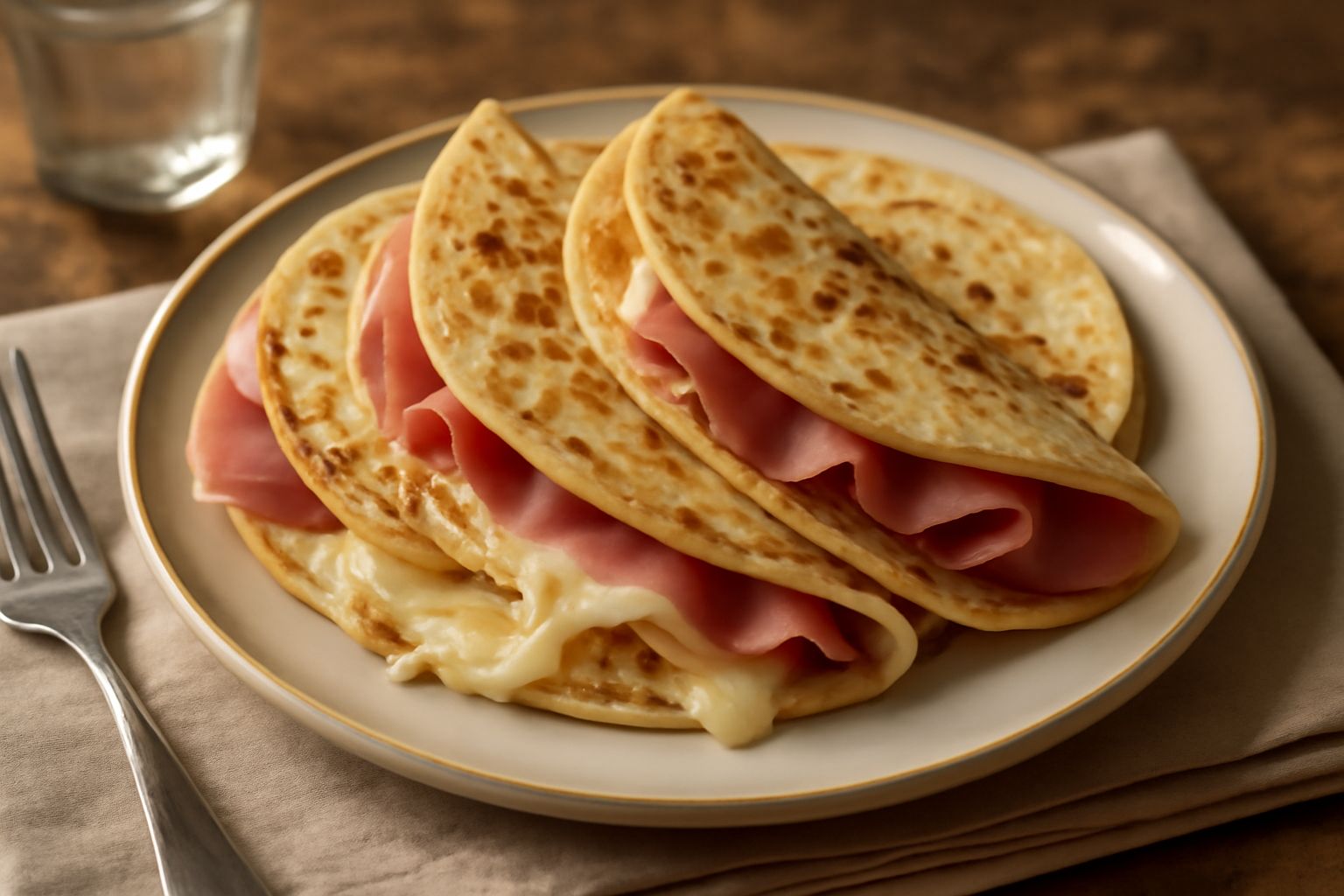 Panigacci dorati e croccanti piegati nel piatto, farciti di formaggio fuso e mortadella, con piega irregolare che lascia intravedere il ripieno caldo all interno