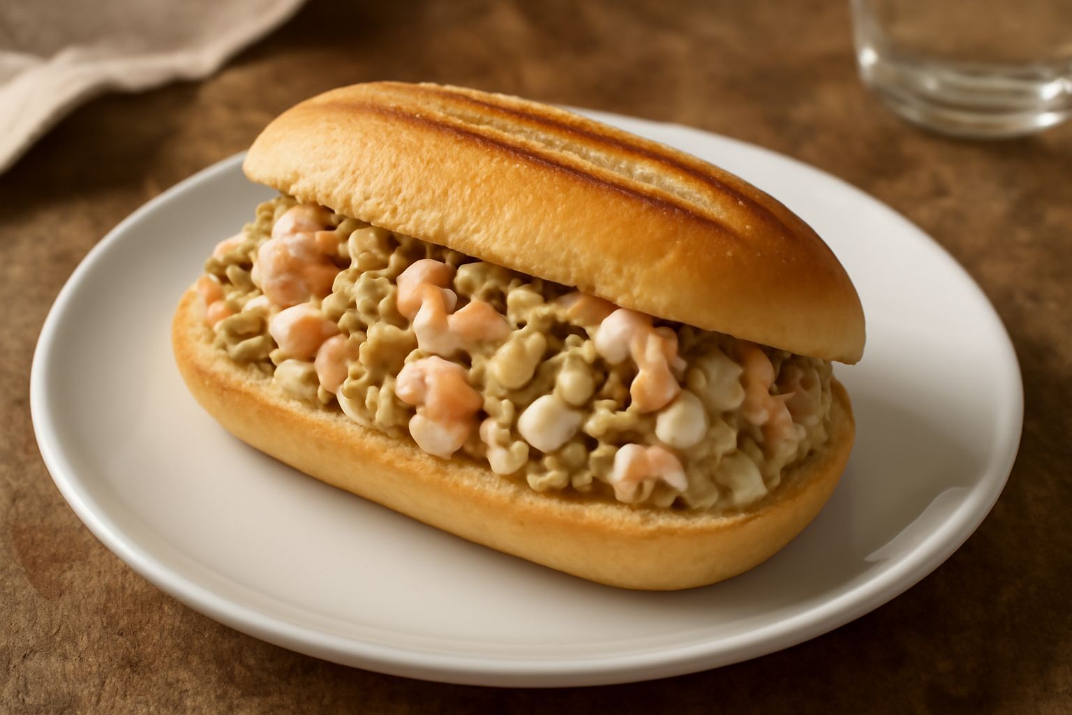 Panino aperto con ripieno di vongole verdi, gamberetti rosa e polpo bianco, guarnito con prezzemolo fresco e scaglie di limone, su piatto bianco con contorno di insalata mista e fettina di limone