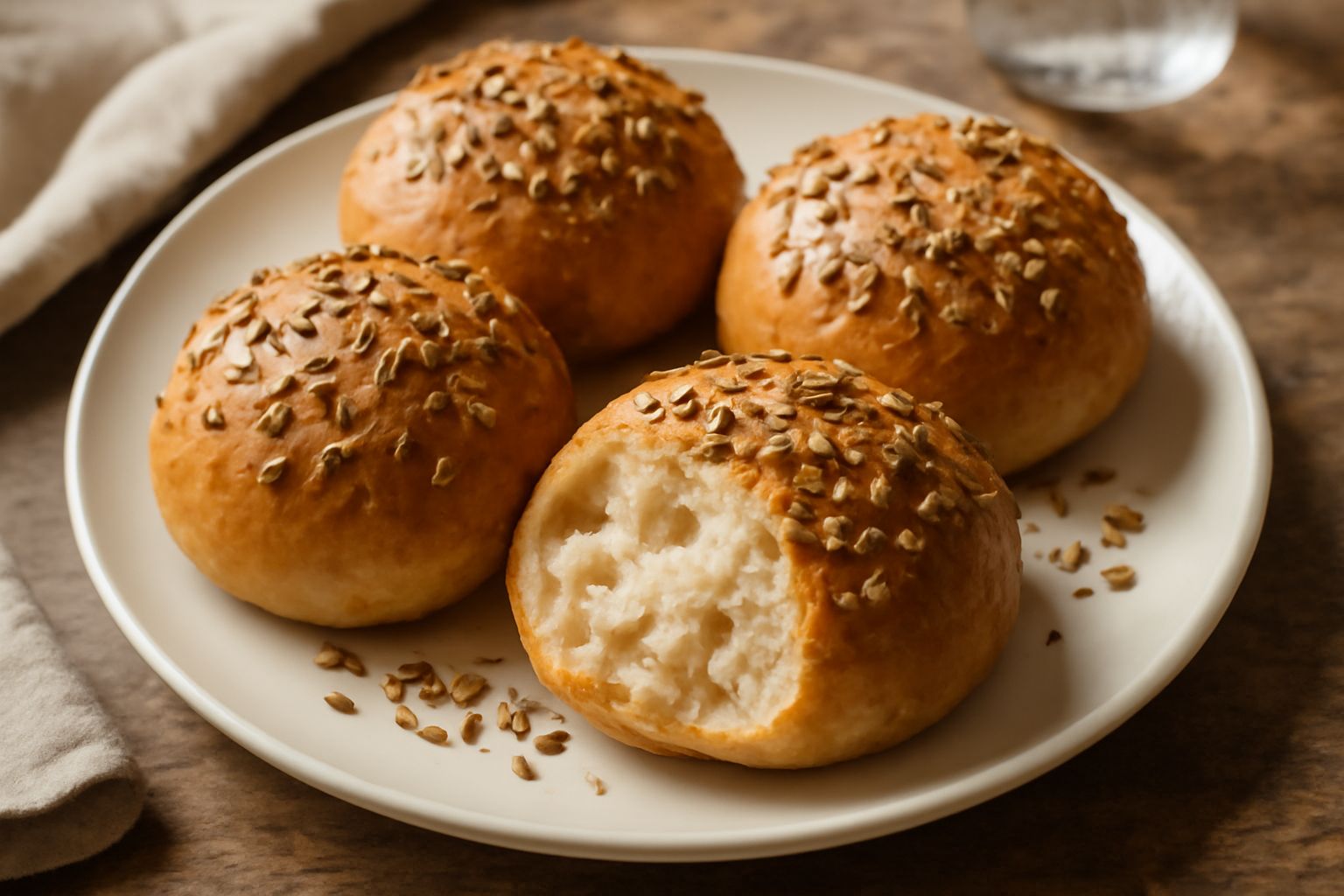 Quattro panini rotondi appena sfornati su un tagliere di legno, ricoperti di semi misti dorati e neri, con sfaccettature di pane rosato chiaro e leggera briciola croccante visibile sulla superficie.