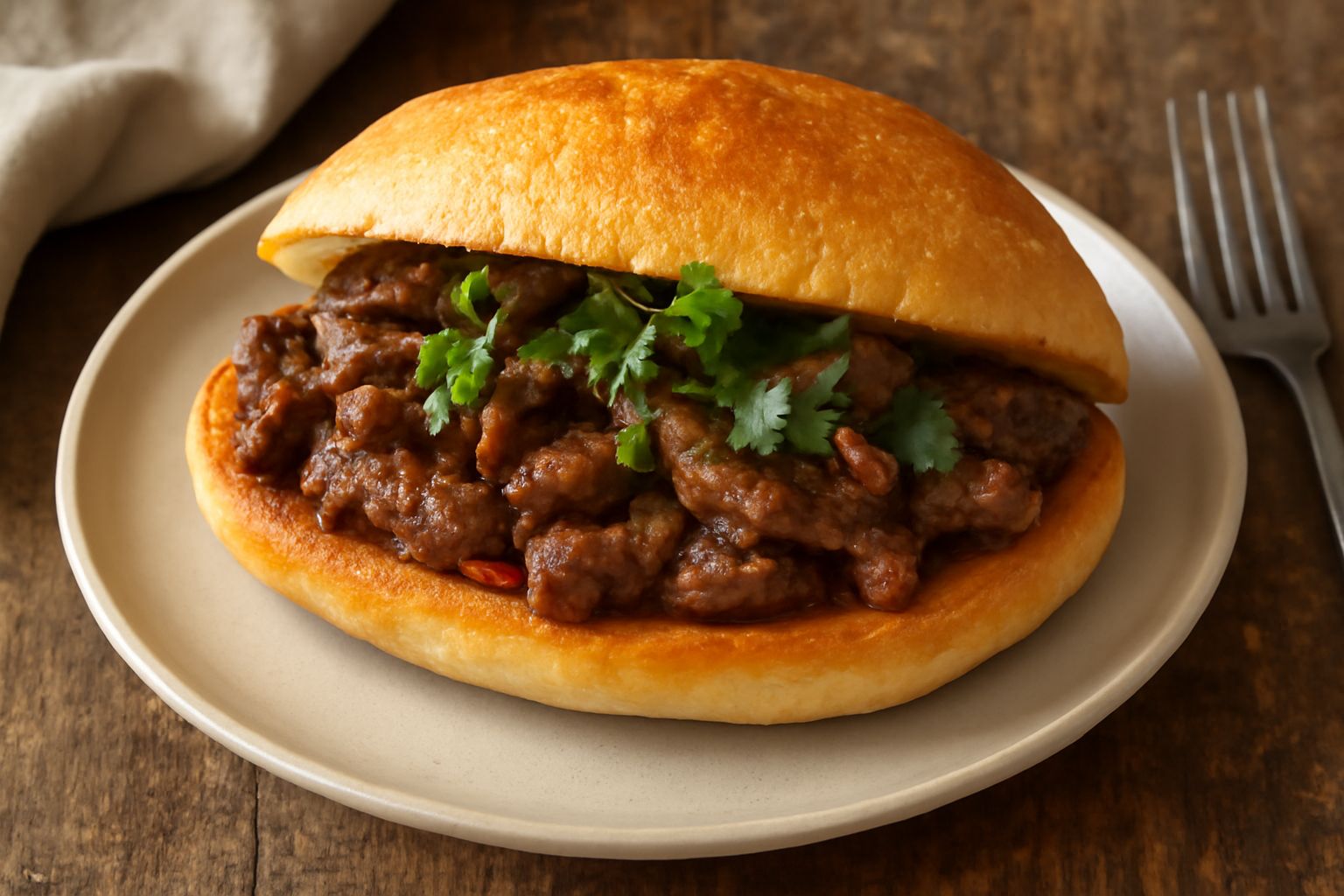 Panino al fegato tagliato a metà, riempito di fegato in umido marrone scuro con cipolla dorata, servito su pane casereccio tostato, con contorno di verdure crude