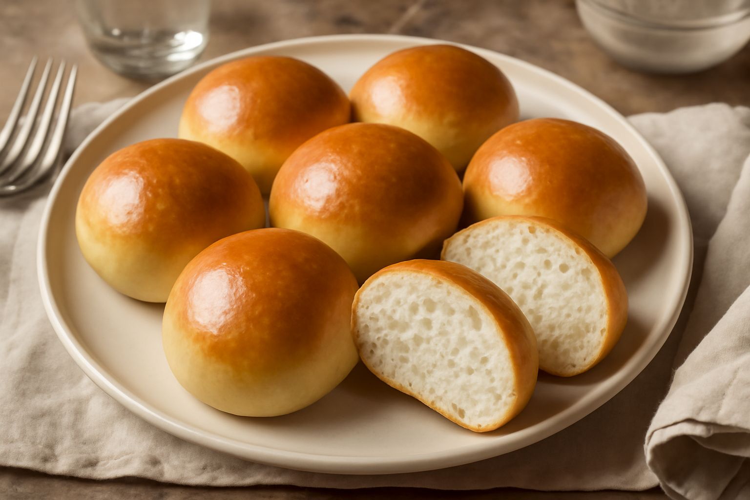Panini dorati appena sfornati, luccicanti, disposti su una teglia con carta da forno, dalla crosta setosa e uniformemente colorata