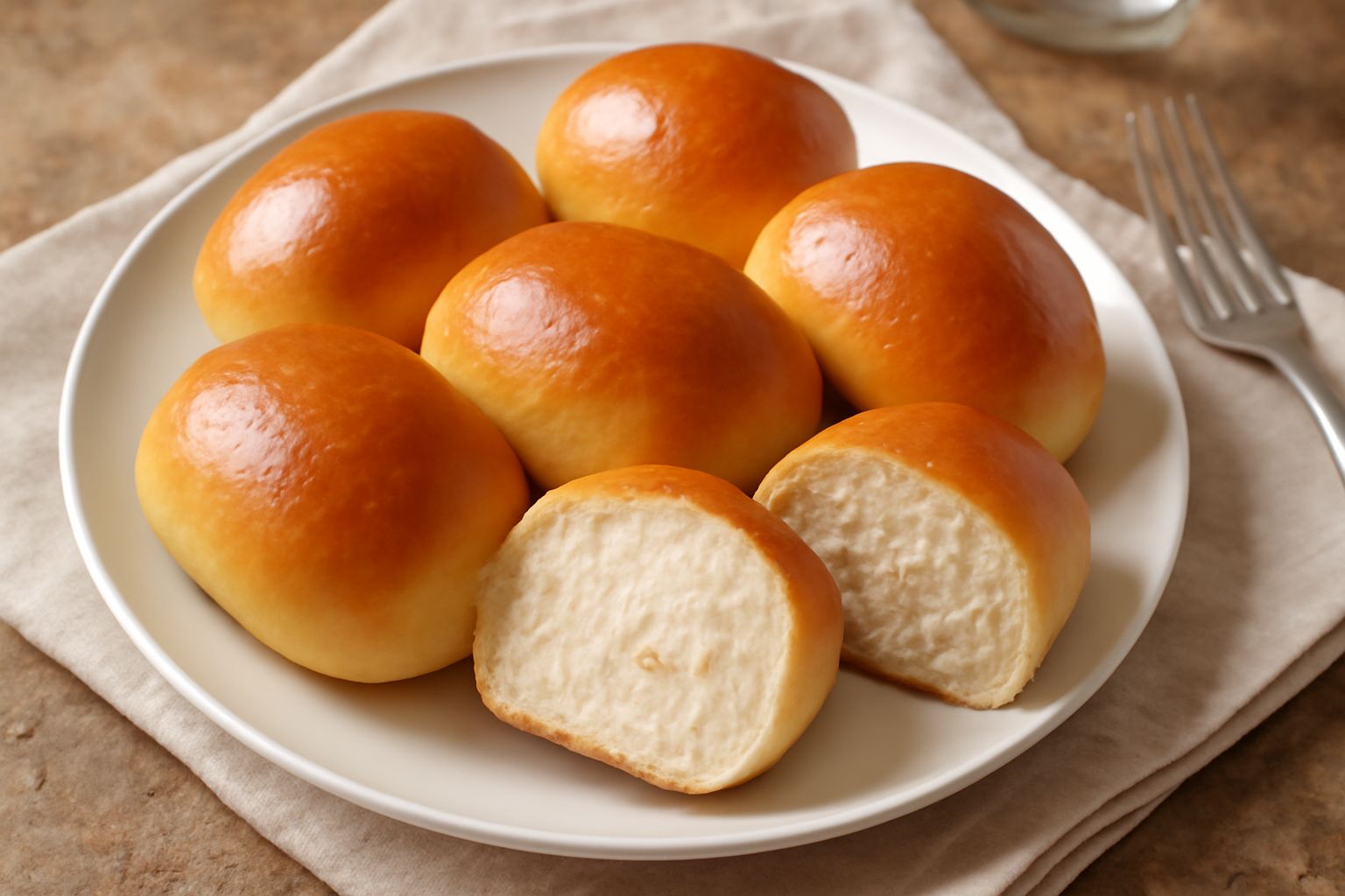 Panini al latte friulani disposti su una tavola di legno: superficie dorata e lucida, con leggeri solchi paralleli, mollica visibile dalla frattura, sfumature color miele. Vapore caldo ancora visibile