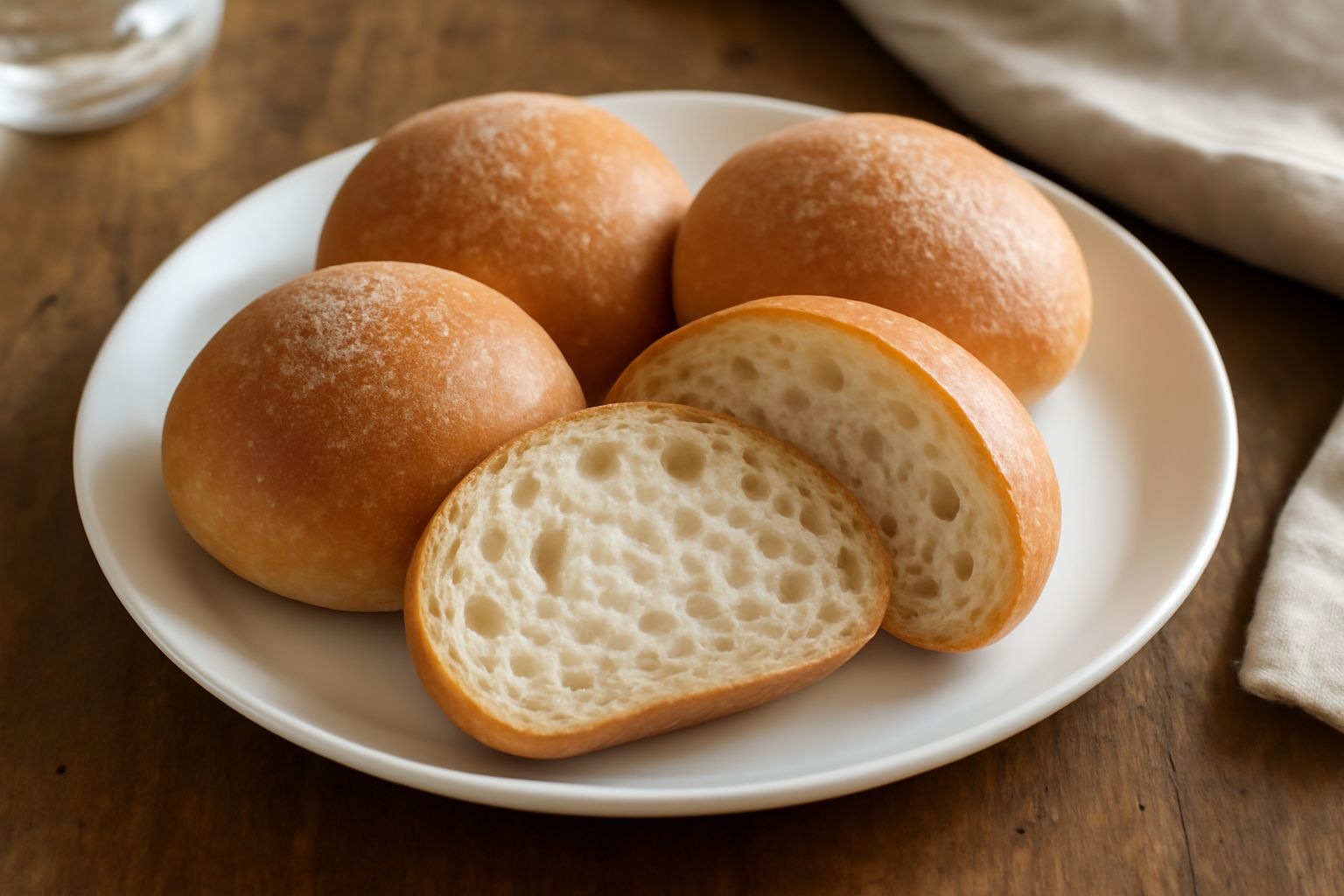 Sei panini rotondi al lievito madre con crosta dorata, disposti in fila su un canovaccio bianco di lino, uno tagliato in due per mostrare la mollica bianca e soffice con alveoli grandi