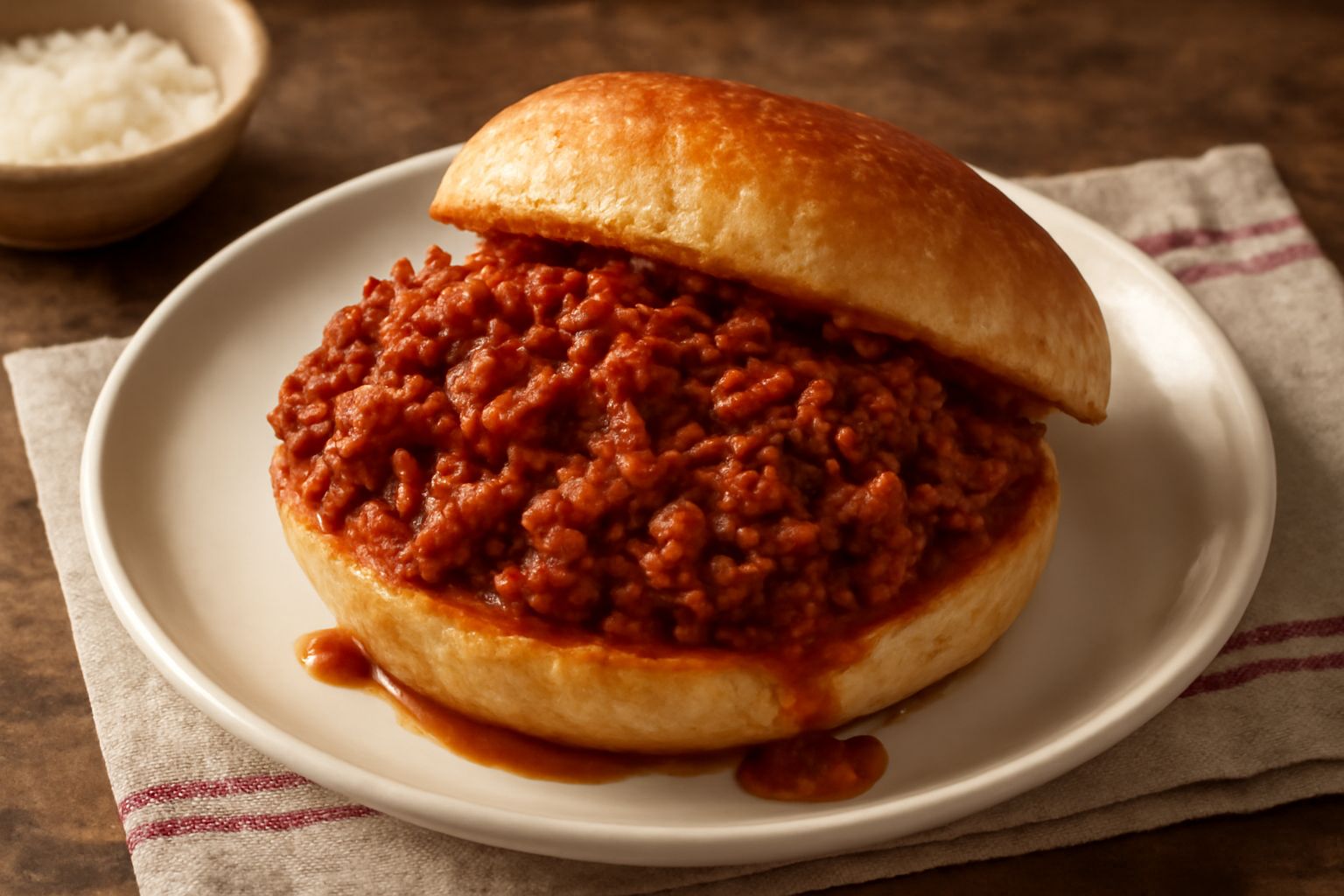 Due panini al ragù appena impiattati, pane tostato color dorato con ragù rosso scuro che fuoriesce dai lati, guarniti con parmigiano grattugiato e prezzemolo fresco, su un piatto bianco