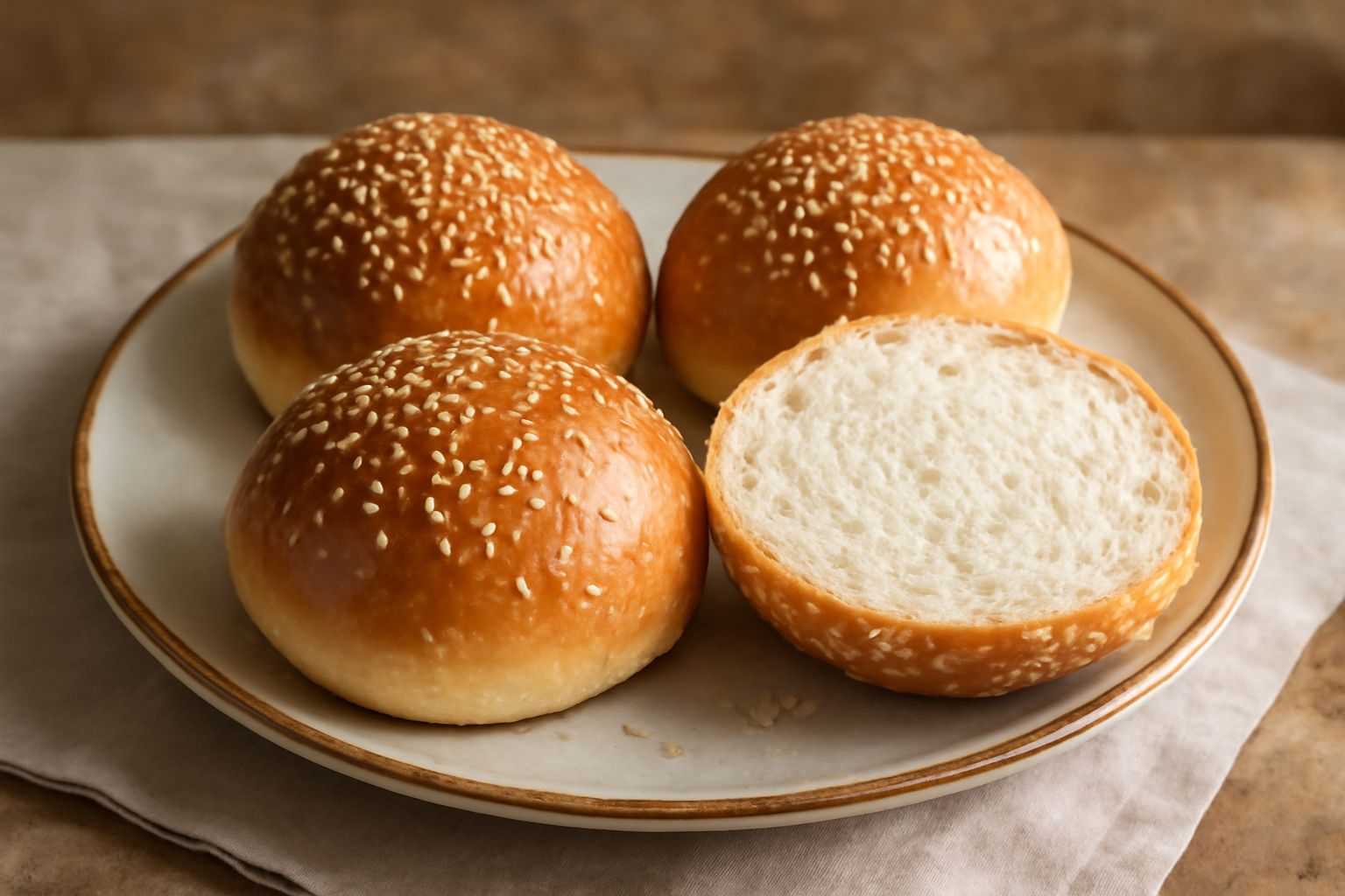 Quattro panini al sesamo dorati disposti su una carta da forno bianca, con semi di sesamo bianco sulla superficie, vapore leggero ancora visibile, su sfondo di legno naturale