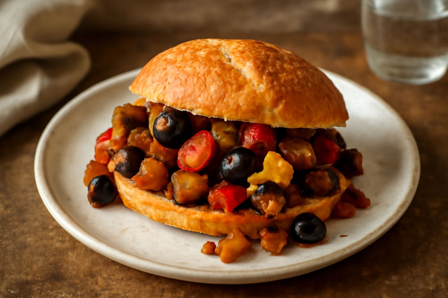 Panino ca' caponata aperto che mostra la melanzana dorata, pomodori rossi, olive nere e cavolfiore, su un piatto bianco con una fetta di limone