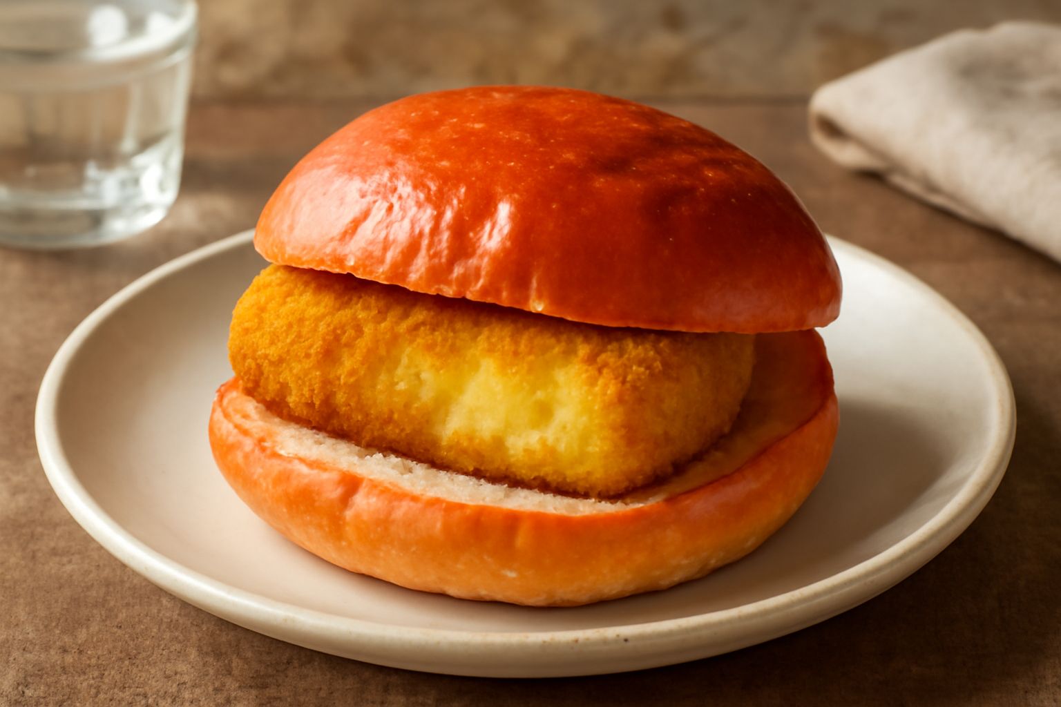 Panino rosso Siciliano aperto in due metà, ripieno di crocchè di patata dorato croccante, con maionese e polpa visibile, servito su un piatto bianco