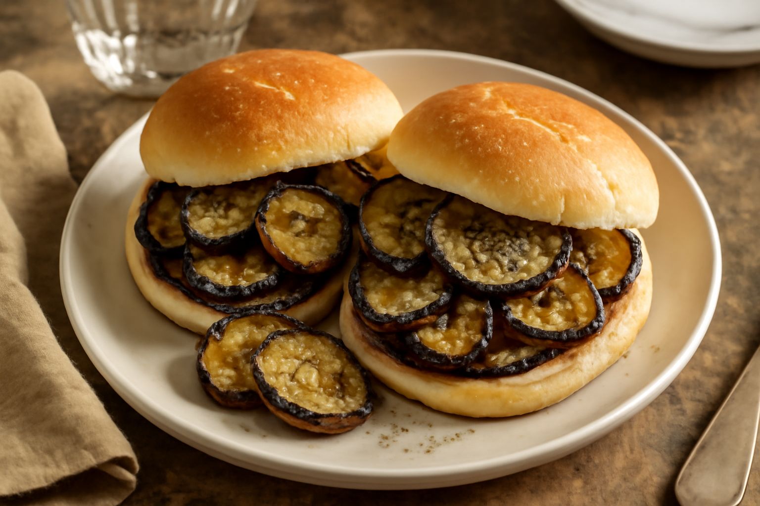 Due panini ca' meusa appena fritti su un piatto bianco, con melanzane dorate e croccanti che fuoriescono dal pane tostato, spruzzati di origano fresco, vapore ancora visibile