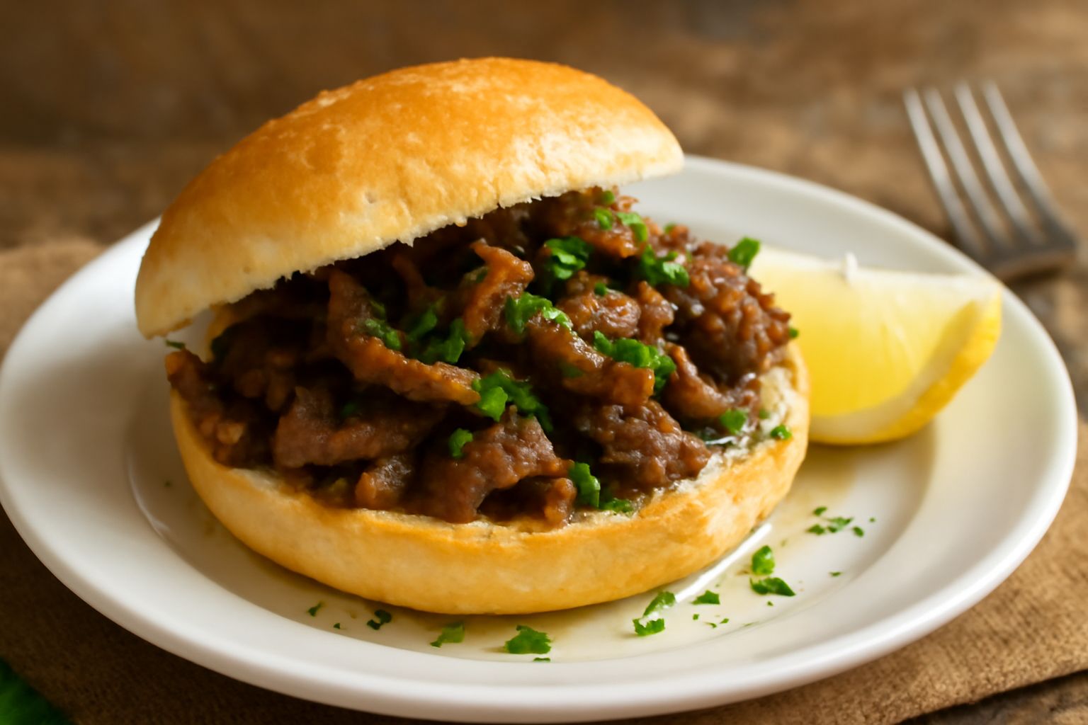 Panino aperto con milza e polmone fritti di colore marrone dorato, disposti nel pane bianco e morbido, cosparso di limone fresco spremuto e prezzemolo tritato