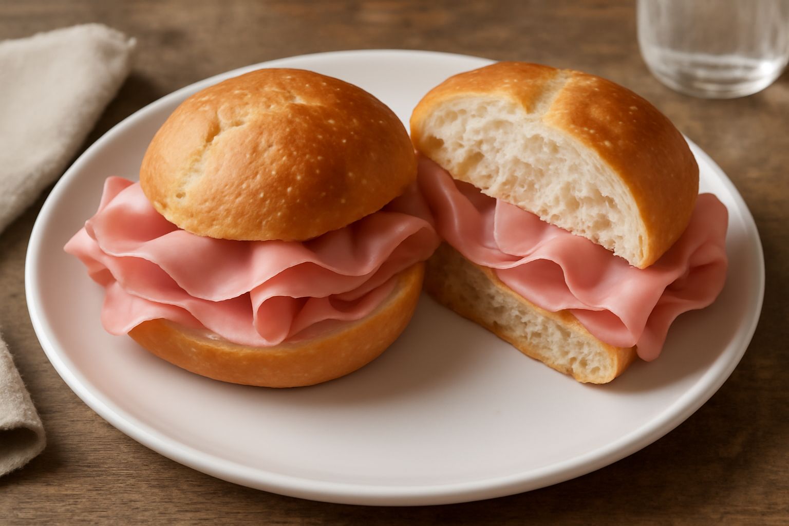 Due panini appena sfornati color dorato con superficie leggermente brillante, aperti e riempiti di mortadella rosata affettata spessa, foglie di rucola e fettine sottili di pomodoro fresco, serviti su