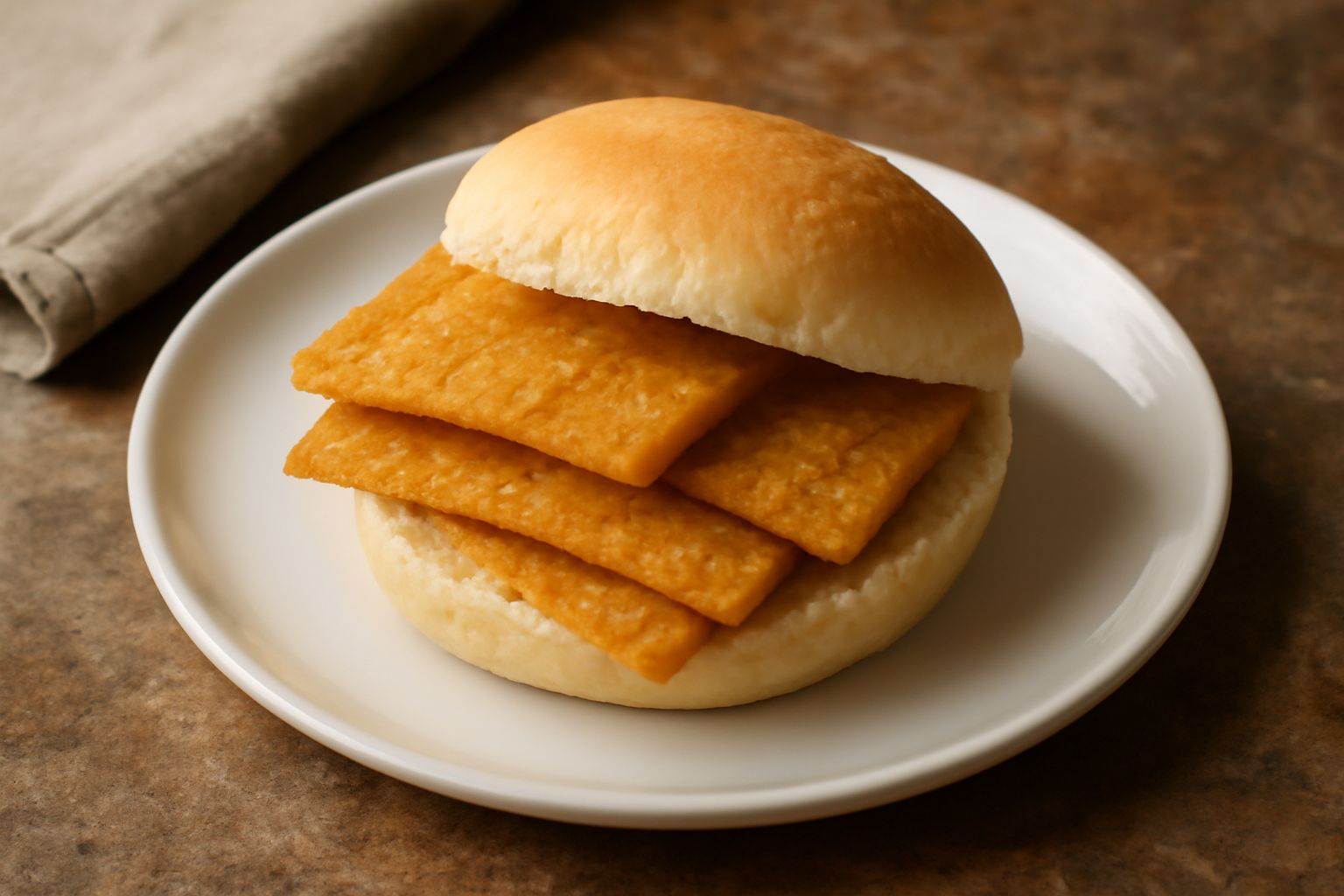 Panino con pasta di ceci fritta color oro, tagliato trasversalmente su un piatto bianco, le fette di panelle visibili dentro, panino leggermente tostato ai lati, con eventuale contorno di verdure fres