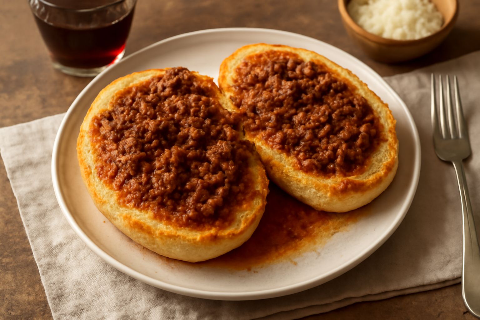 Due panini aperti riempiti di ragù color marrone scuro e denso, con tracce di umidità visibile, serviti su un piatto bianco, con una ciotola di ragù di sfondo