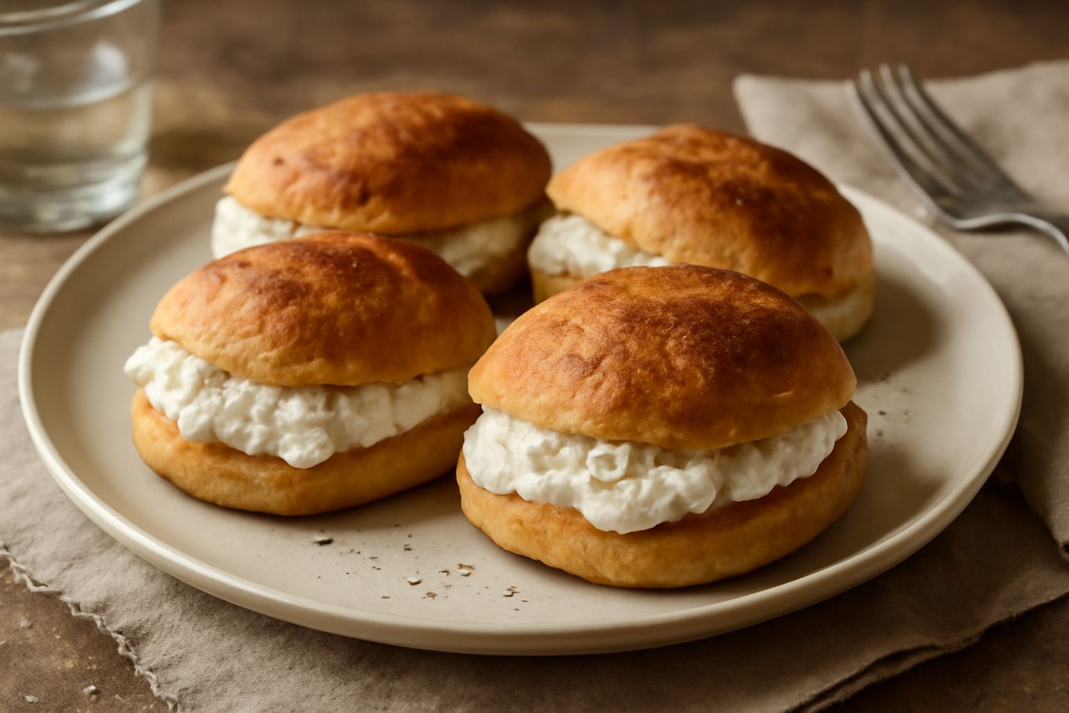 Panini tostati aperti con ricotta bianca cremosa cosparsa di pepe nero, sale e gocce di olio di oliva, serviti su piatto bianco con foglie verdi di basilico fresco accanto