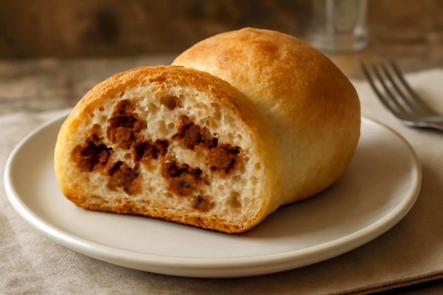 Panini appena sfornati tagliati in due, pieni di ciccioli dorate e croccanti, serviti in un piatto bianco con una tovaglia di lino bianco