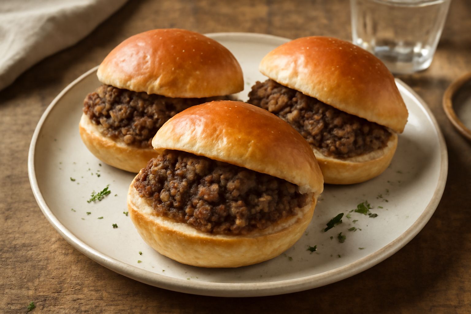 Due panini aperti farciti di carne di cavallo macinata, dorati e caldi, con pane morbido, spolverato di pepe nero, su un piatto bianco con limone fresco a lato