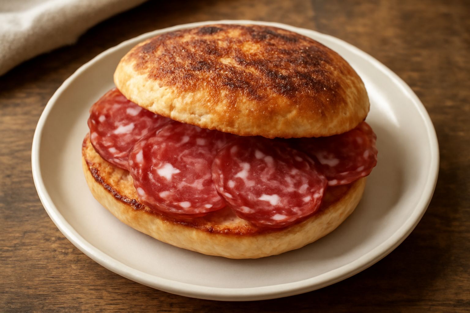 Tre panini tondi con cicchetto affettato sottile, disposti su un piatto bianco, con il cicchetto leggermente sporgente e il pane dorato tostato