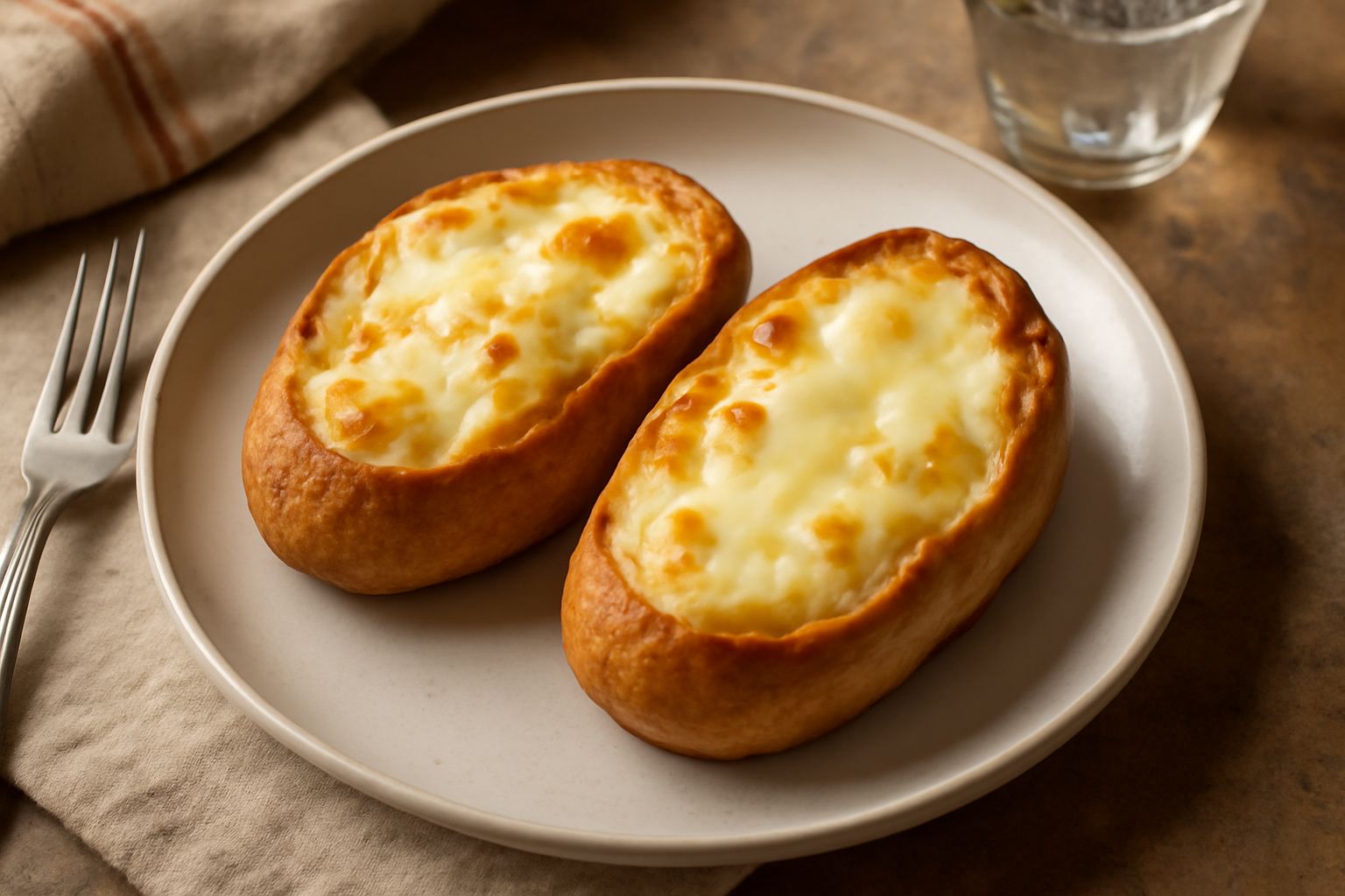 Panini col formaggio appena sfornati, con crosta dorata e croccante, formaggio giallo fuso visibile nel taglio centrale, serviti su piatto bianco con filo di burro sciolto