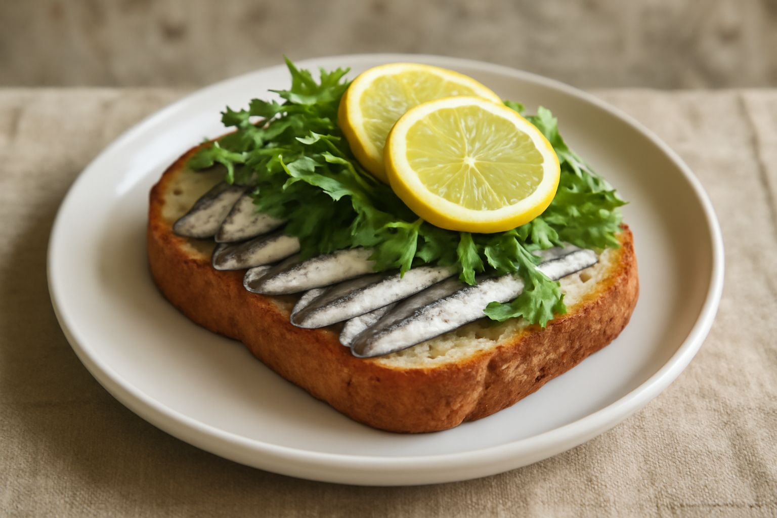 Panino aperto con pane dorato tostato, filetti di alicia bianchi e argentei, rucola fresca verde, fettine sottili di limone giallo, olio d'oliva che brilla sulla superficie