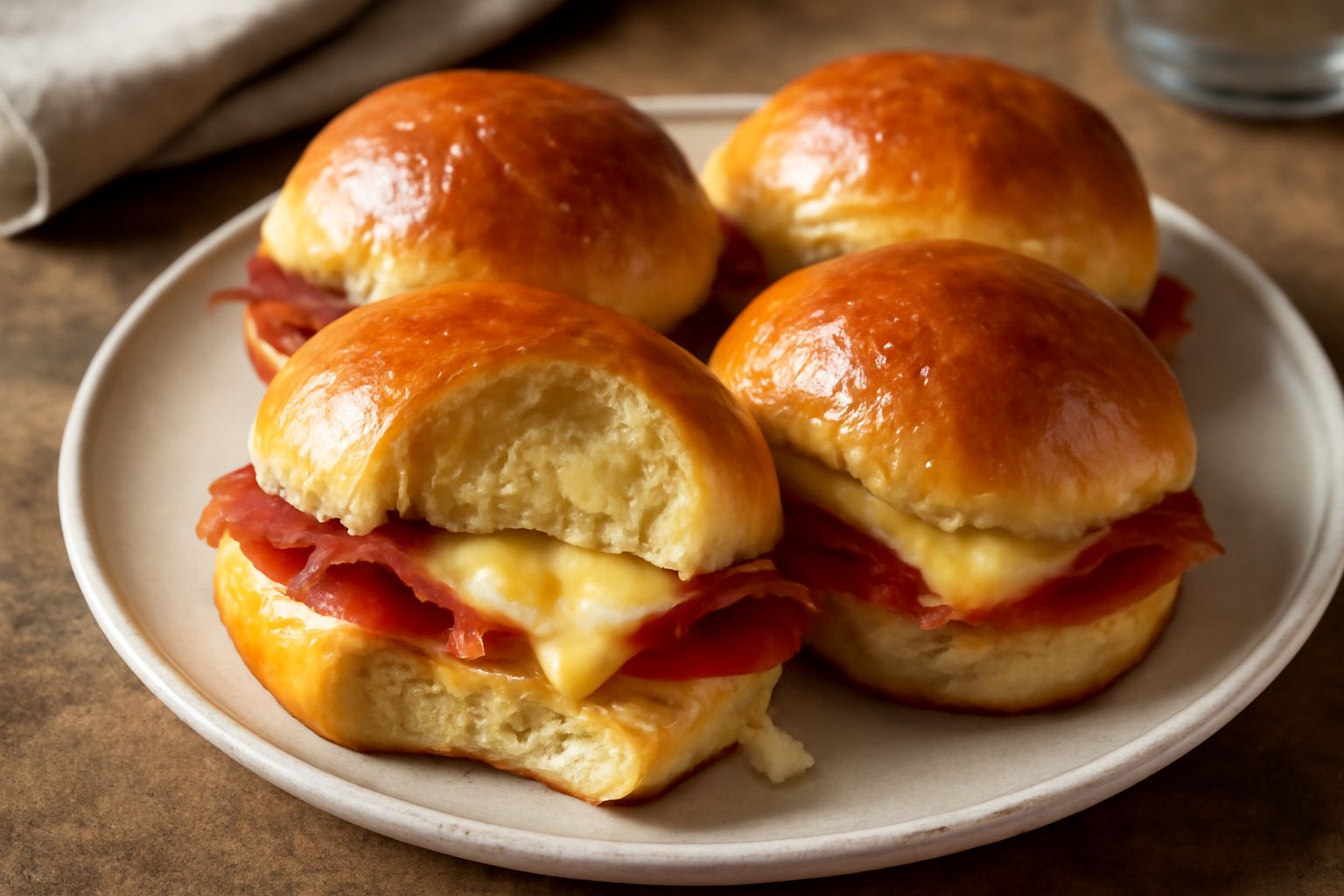 Panini appena sfornati di colore dorato, tagliati a metà, con formaggio affumicato che fuoriesce fondente dal ripieno, prosciutto rosso scuro, su piatto bianco