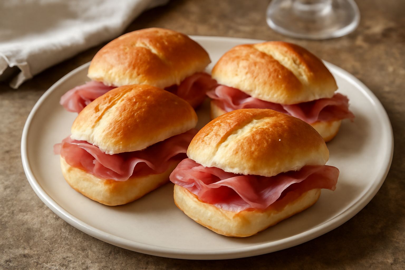 Tre panini al prosciutto su un tavolo di legno bianco, leggermente aperti, con prosciutto rosa visibile all'interno, superficie dorata e croccante, pane bianco morbido, sfondo naturale