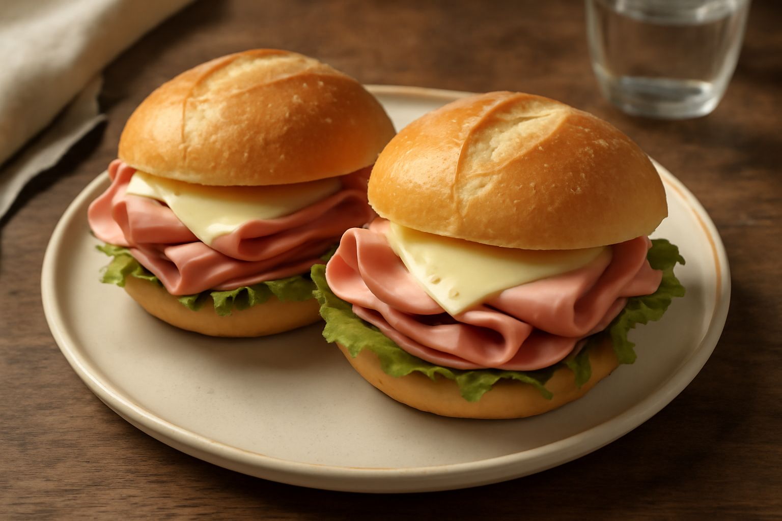 Panini appena tagliati con mortadella rosa affettata, formaggio filante bianco, foglie di insalata verde e pomodori rossi, serviti su un piatto bianco con una tazza di tè sullo sfondo