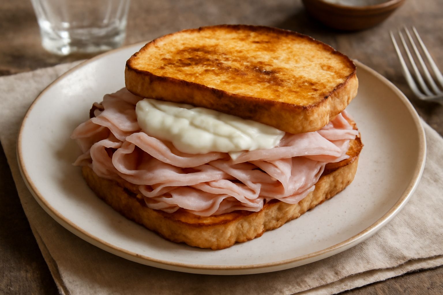 Panino aperto ripieno di porchetta affettata rosa e bianca, salsa bianca, insalata verde e cipolla rossa su pane tostato dorato con semi, servito su un piatto bianco