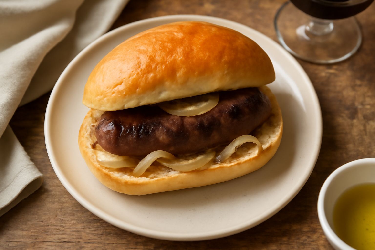Tre panini con la salsiccia disposti su un piatto bianco, con salsiccia rosso-marrone ben cotta, cipolla trasparente, pane dorato morbido, contorno di pepe nero macinato fresco