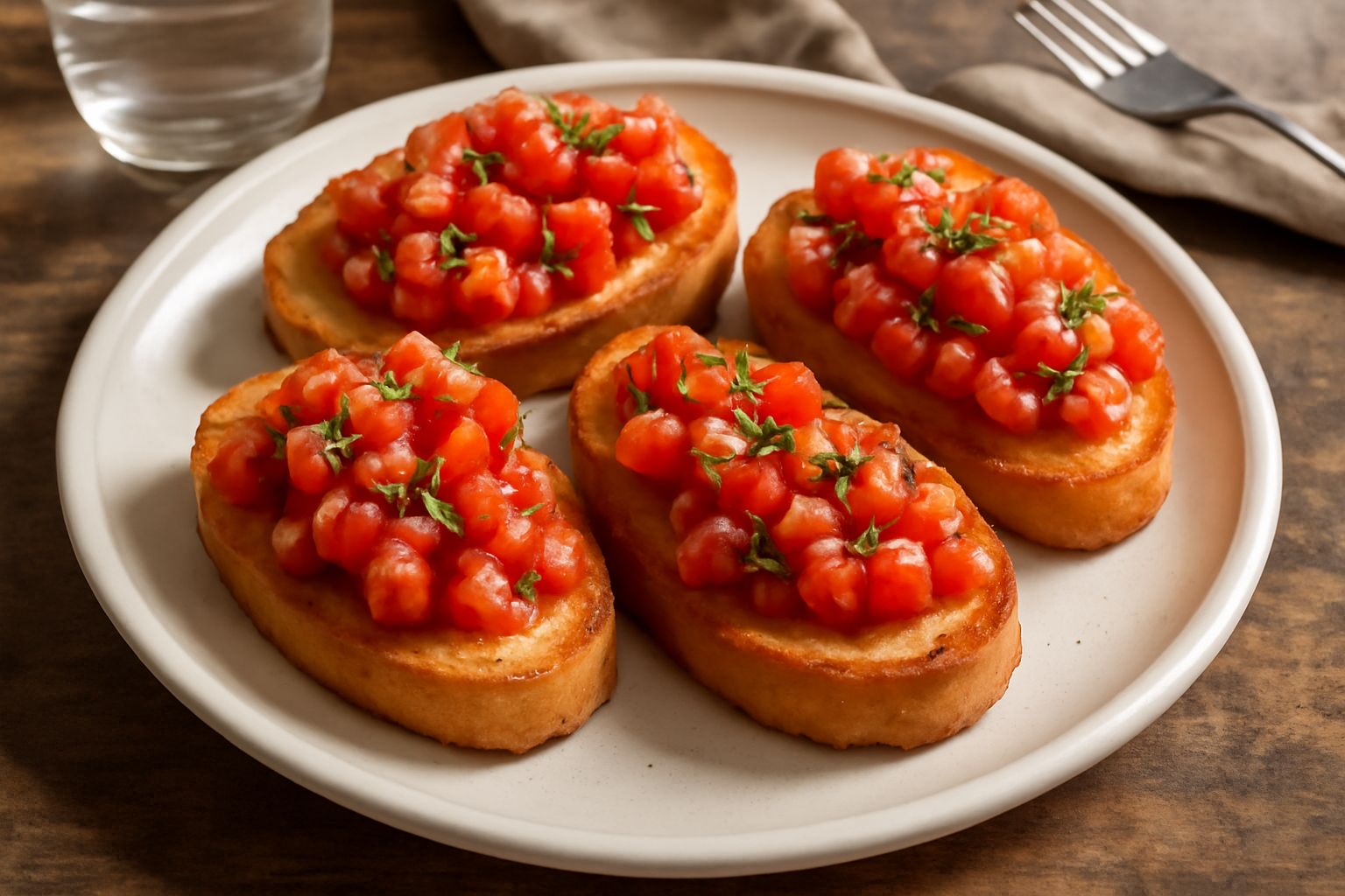 Due panini dorati e croccanti spezzati in due, ricoperti di bruschette con pomodori rossi, aglio affettato e basilico verde brillante, poggiati su un piatto bianco