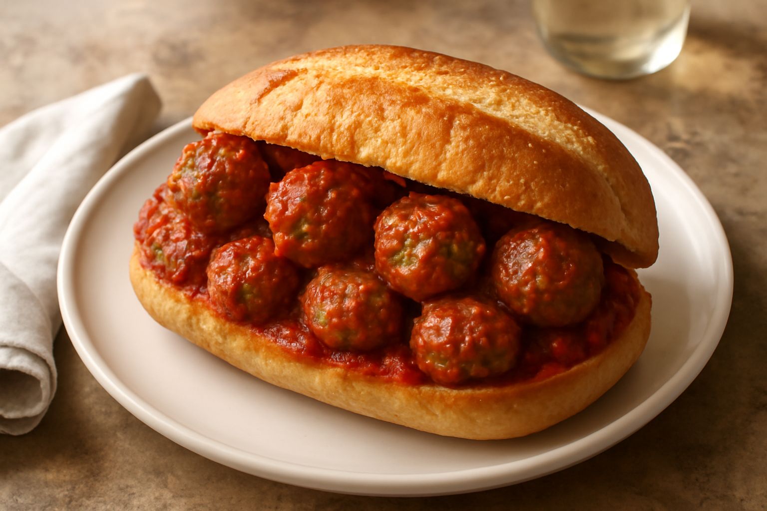 Due panini imbottiti di polpettine in sugo rosso su un piatto bianco, pane dorato e soffice, polpettine visibili dentro il ripieno, contorno di insalata verde fresca