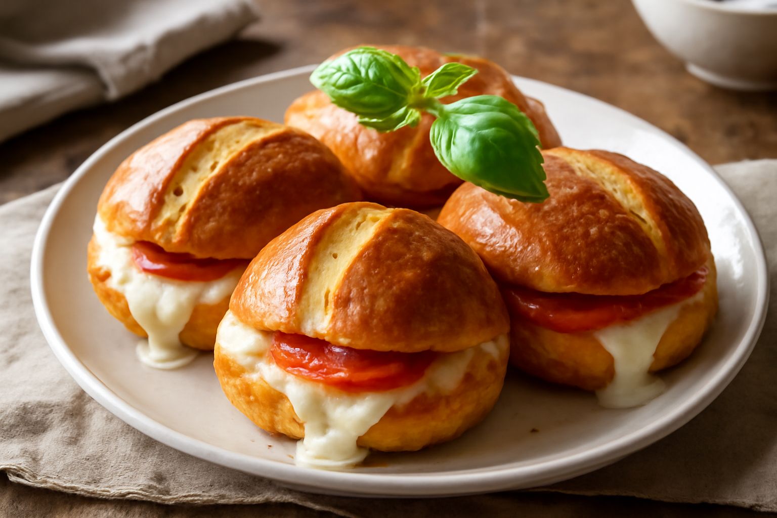 Panini morbidi appena sfornati con mozzarella filante che esce dai lati, pomodoro rosso visibile dentro, basilico verde fresco sulla sommità, impiattati in un cestino di carta su un tavolo rustico