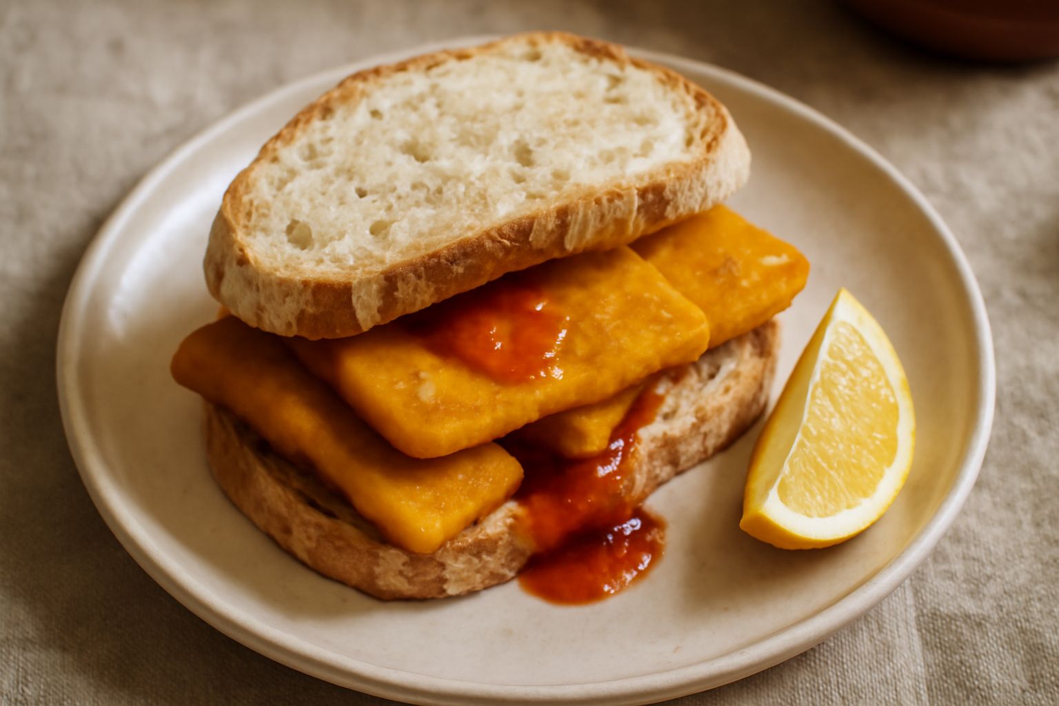 Panino aperto con panelle dorate e croccanti dentro, salsa di pomodoro rossa, su piatto bianco con limone fresco e germogli verdi ai lati